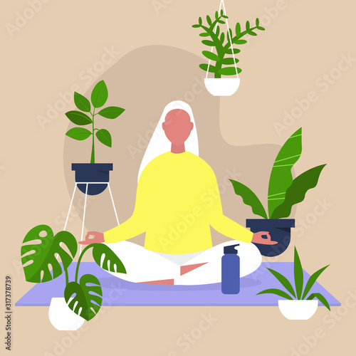 Meditation and mindfulness, Harmony and relaxation, Calm female character sitting in a lotus position surrounded by plants, Indoor yoga