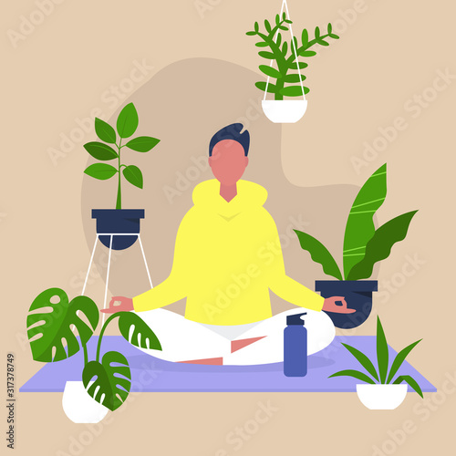 Meditation and mindfulness, Harmony and relaxation, Calm male character sitting in a lotus position surrounded by plants, Indoor yoga