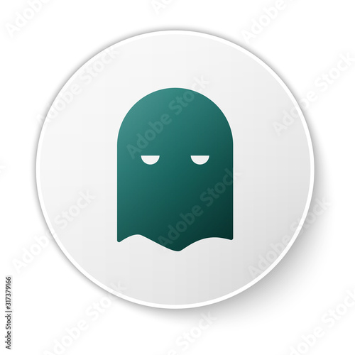 Green Executioner mask icon isolated on white background. Hangman, torturer, executor, tormentor, butcher, headsman icon. White circle button. Vector Illustration
