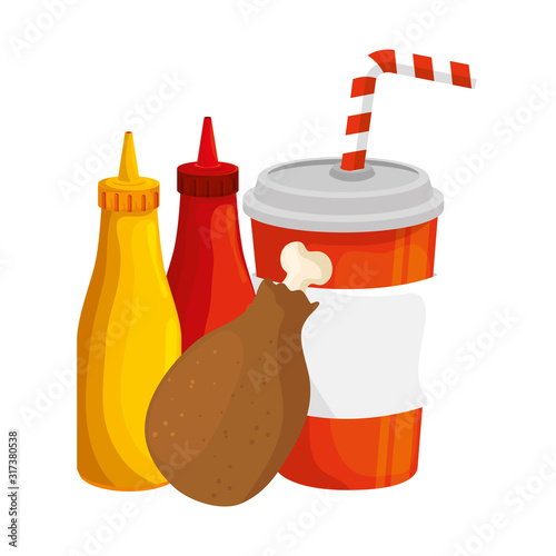 chicken delicious with bottles sauces and drink food isolated icon