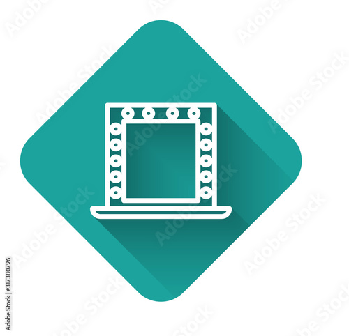 White line Makeup mirror with lights icon isolated with long shadow. Green square button. Vector Illustration
