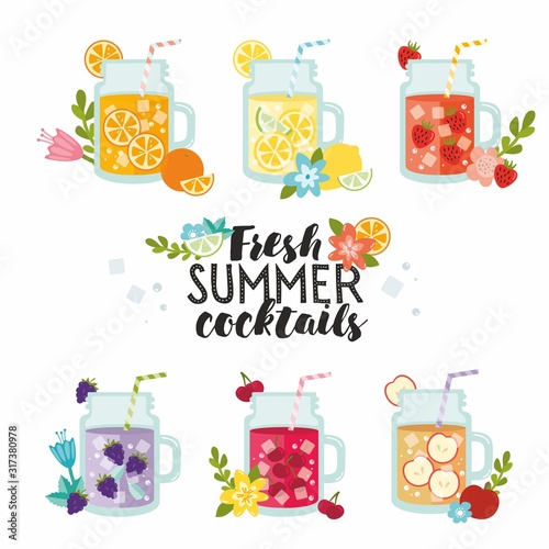Fresh summer cocktails. Lemonade and juices collection. Summer ice fruit drinks in jugs with lemon, apples, blackberry, cherry, orange and strawberry. Typography with flowers.