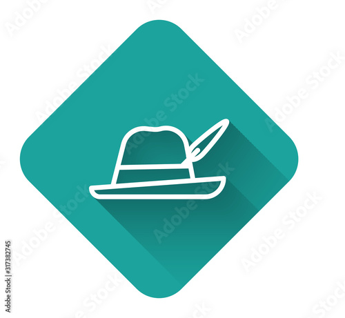 White line Oktoberfest hat icon isolated with long shadow. Hunter hat with feather. German hat. Green square button. Vector Illustration