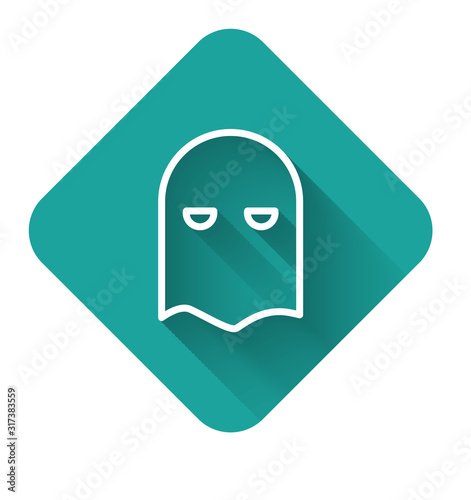 White line Executioner mask icon isolated with long shadow. Hangman, torturer, executor, tormentor, butcher, headsman icon. Green square button. Vector Illustration