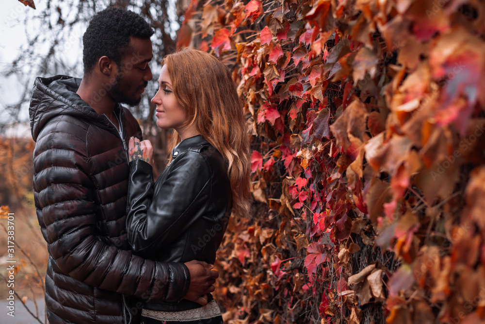 Interracial couple posing in autumn leaves background Interracial couple posing in autumn leaves background