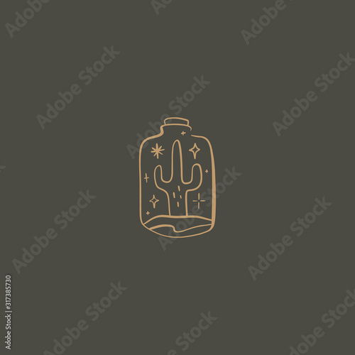 Cactus in glass logo. Eology concept. Green life. Good for t-shirt prints, logos, advertising banners. Vector illustration. Clipart