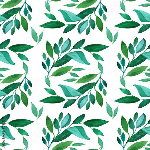 Seamless pattern with watercolor green leaves creative background