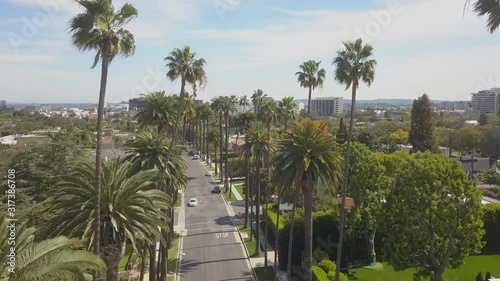 Gorgeous Aerial Drone Scenic View of Downtown Beverly Hills California with Skinny Palm Trees & Mountains & Hills in Los Angeles During Bright Sunny Day