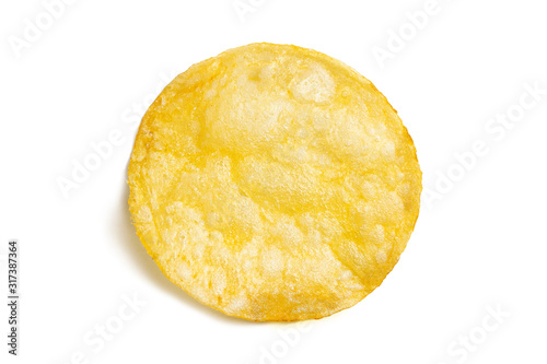 One fried potato chip snack isolated on white background.