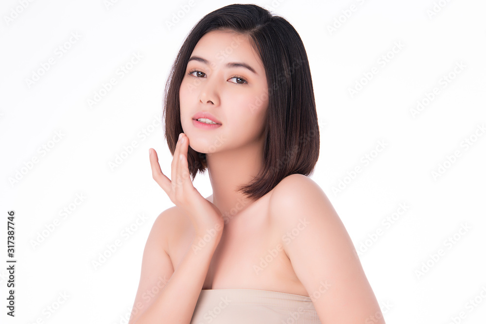 Beautiful Young Asian Woman with Clean Fresh Skin. Face care, Facial treatment, on white background, Beauty and Cosmetics Concept.
