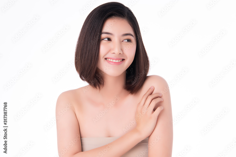 Beautiful Young Asian Woman with Clean Fresh Skin. Face care, Facial treatment, on white background, Beauty and Cosmetics Concept. Beautiful Young Asian Woman with Clean Fresh Skin. Face care, Facial treatment, on white background, Beauty and Cosmetics Concept.