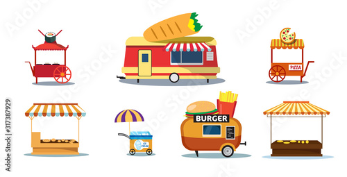 set creative food trailers street fast food outdoor fair concept ice cream burrito pizza sushi burger shops collection horizontal vector illustration