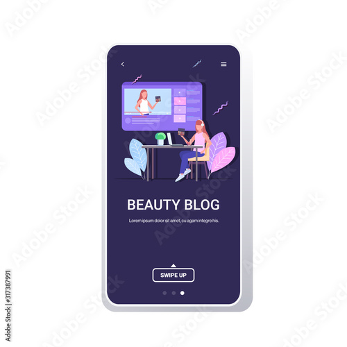 beauty blogger showing eye shadow palette makeup tutorials blogging concept woman in headphones using laptop recording online video blog smartphone screen mobile app vector illustration