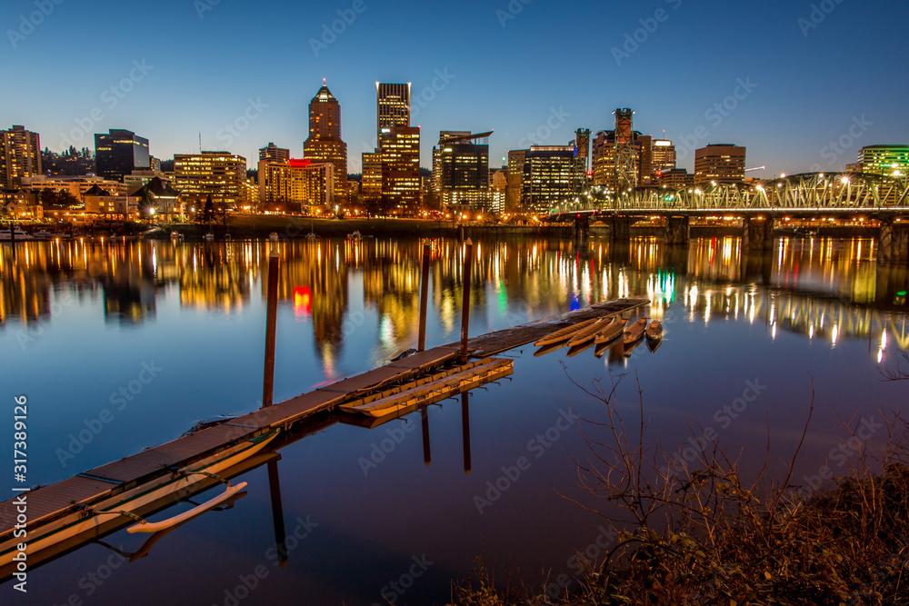 Illuminated Cityscape Reflections Portland Oregon Skyline Willamette River Boat Dock stock photo
