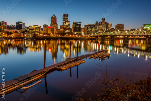 Illuminated Cityscape Reflections Portland Oregon Skyline Willamette River Boat Dock stock photo