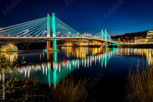 Reflections Illuminated Tilikum Crossing Portland Oregon Willamette River Evening HDR stock photo