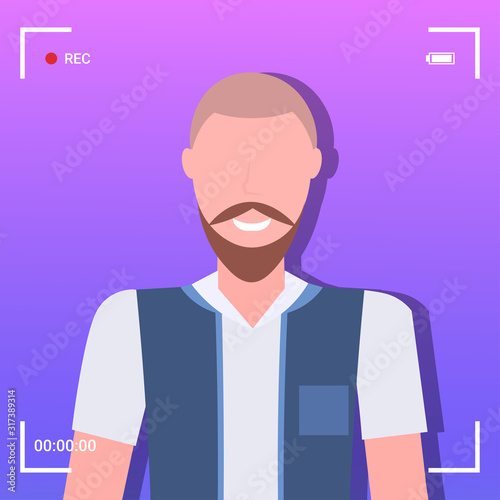 camera screen frame viewfinder rec male blogger or reporter recording online video man talking on live stream portrait vector illustration