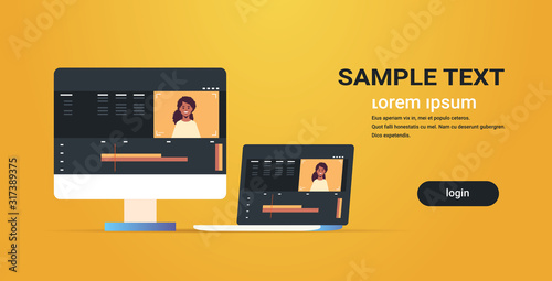 video editor laptop computer monitor with interface of application or software for editing blogging motion design studio concept horizontal copy space vector illustration