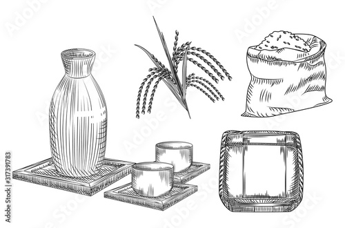 Set of sake. Traditional Japanese rice alcohol drink. Collection of ceramic vase and cup, stalk and rice bag, barrel of sake.