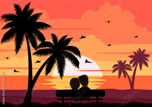 Tropical sunrise at seashore with palms tree and silhouette of couple. Vector illustration