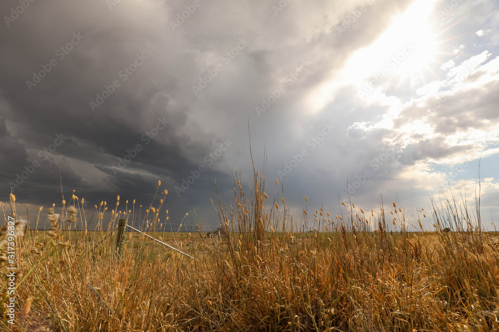 Storm clouds creating stormy sky over dry paddocks during times of drought in Central Victoria, Australia Storm clouds creating stormy sky over dry paddocks during times of drought in Central Victoria, Australia