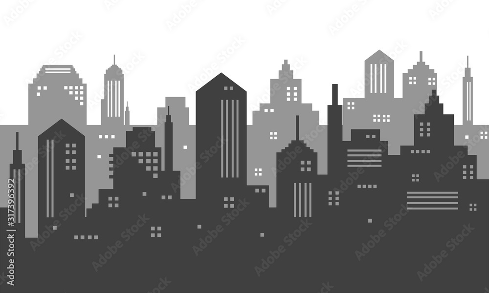 Illustration of a city with silhouette in black and white