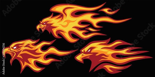 Eagle Head Burning Fire Flame Logo Set Vector Mascot Design Collection