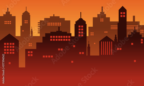 Ilustration of many building in the city when sunset
