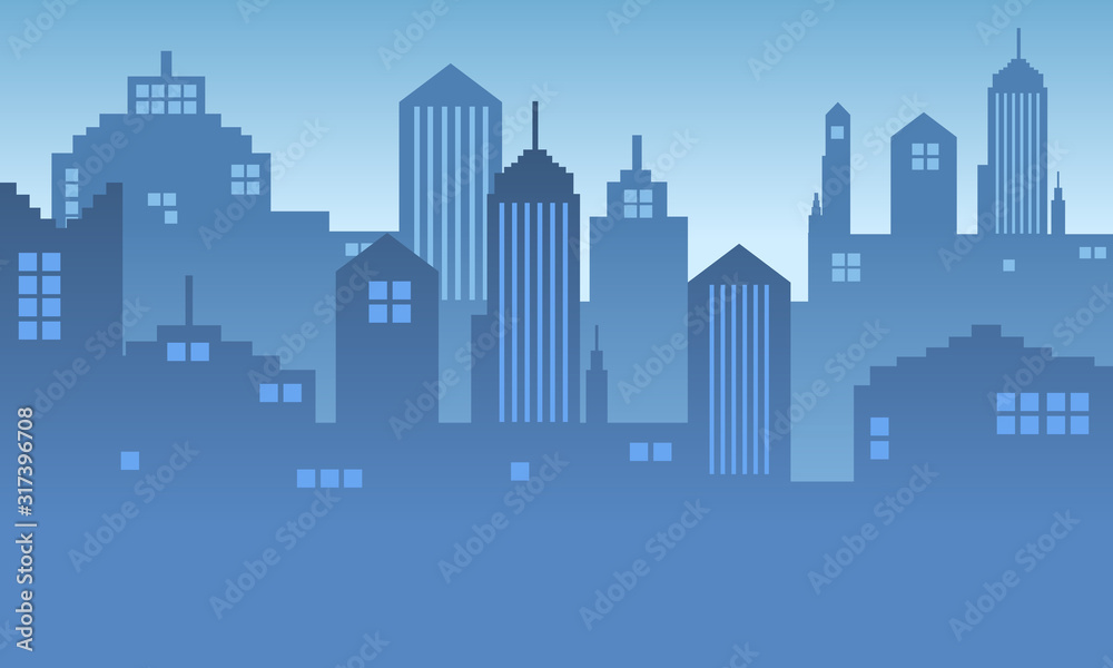 The city silhouette is blue with a gradient