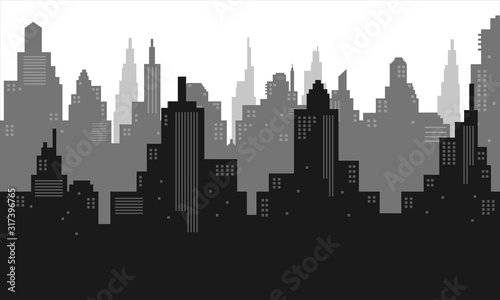 The silhouette of the city in a black and white color