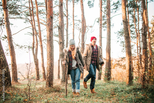 Traveler couple exploring highlands. Freedom and active lifestyle concept. © zadorozhna