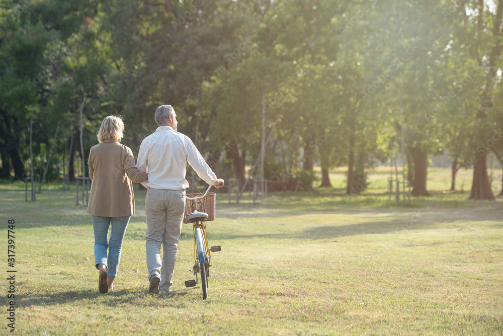 Cheerful active senior couple with bicycle walking through park together. Perfect activities for elderly people in retirement lifestyle.