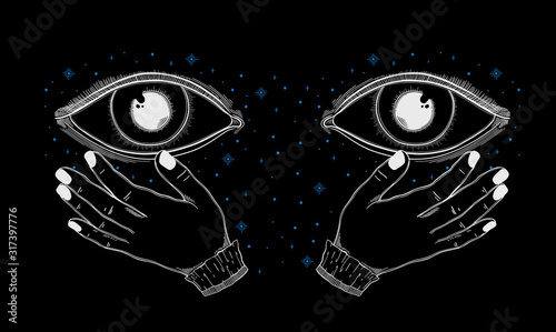 Evil Seeing eye symbol. Occult mystic emblem, graphic design tattoo. Esoteric sign alchemy, decorative style, providence sight.