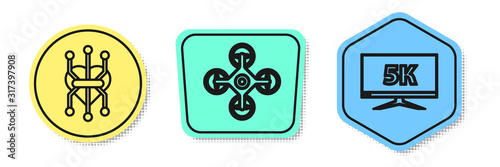 Set line Processor, Drone and Monitor display with 5k video. Colored shapes. Vector