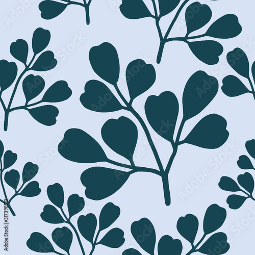 Elegant blue plant and leaf seamless pattern