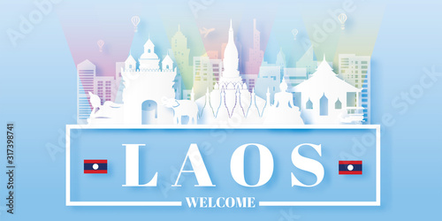 Travel Laos postcard, poster, tour advertising of world famous landmarks in paper cut style. Vectors illustrations