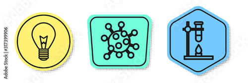 Set line Light bulb with concept of idea, Bacteria and Glass test tube flask on fire heater. Colored shapes. Vector