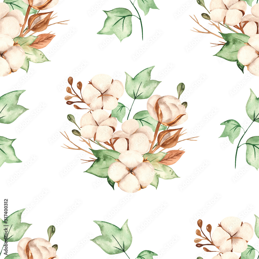 Watercolor seamless pattern with a bouquet of leaves, branches, cotton flowers