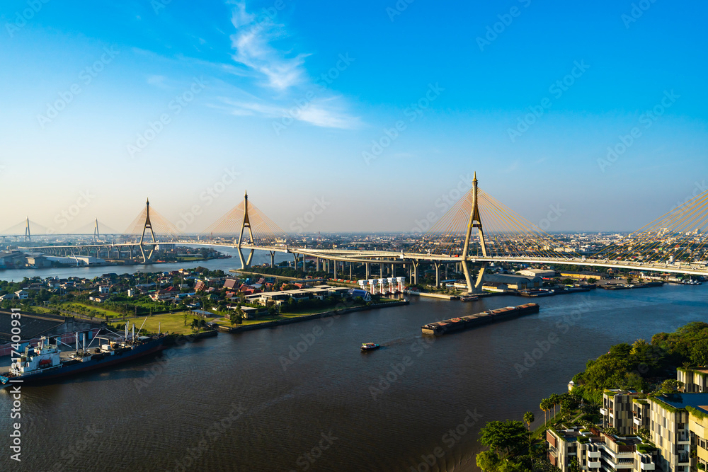 Bhumibol suspension bridge over Chao Phraya River in Bangkok city, Thailand