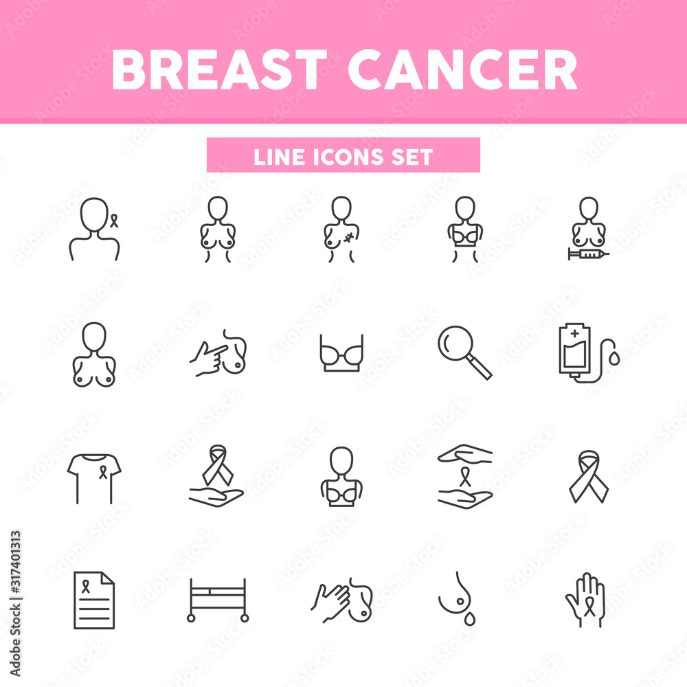 Breast Cancer simple set line icons. Cancer treatment, operation, breast. Vector illustration symbol elements for web design. Breast Cancer simple set line icons. Cancer treatment, operation, breast. Vector illustration symbol elements for web design.