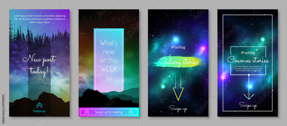 Galaxy blog post design with swipe up button. Colorful deep space background with stars and nebulas vector illustration. UI UX interface set for mobile application. Galaxy discovery and exploration - obrazy, fototapety, plakaty 