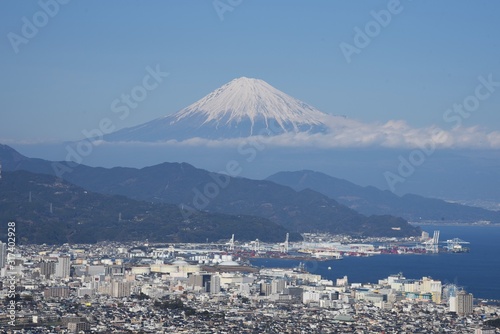 Mount Fuji and Shimizu Port seen from Nihondaira in Shizuoka Prefecture.