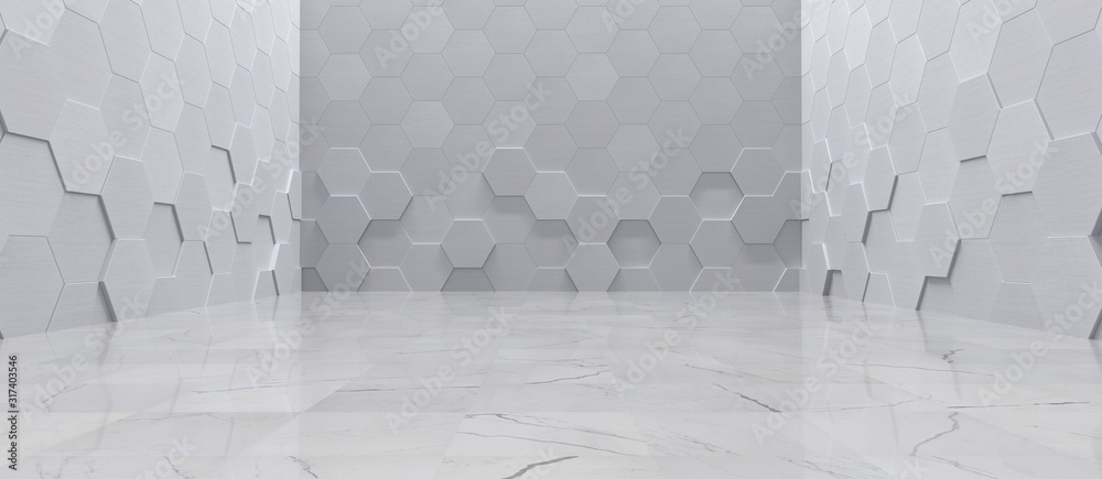 Empty Interior With Metal Hexagon Wall Panels and Tiled Marble Floor (3D Illustration) - obrazy, fototapety, plakaty 