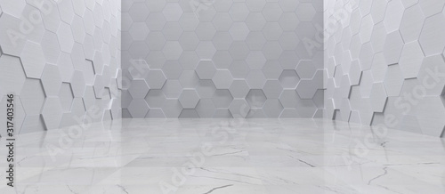 Fototapeta Naklejka Na Ścianę i Meble -  Empty Interior With Metal Hexagon Wall Panels and Tiled Marble Floor (3D Illustration)