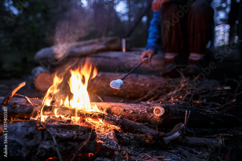 Tasty, sweet marshmallow on a special stick is fried by a woman over a campfire, on a summer evening, in the forest.