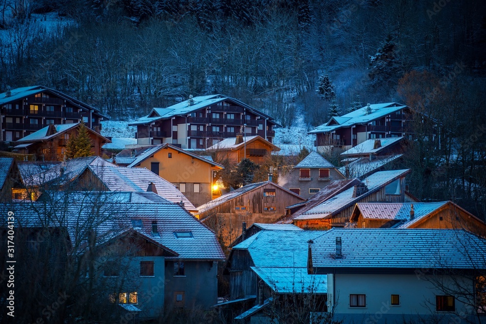 The beautiful mountain cottages in Thollon Les Memises, France in Winter