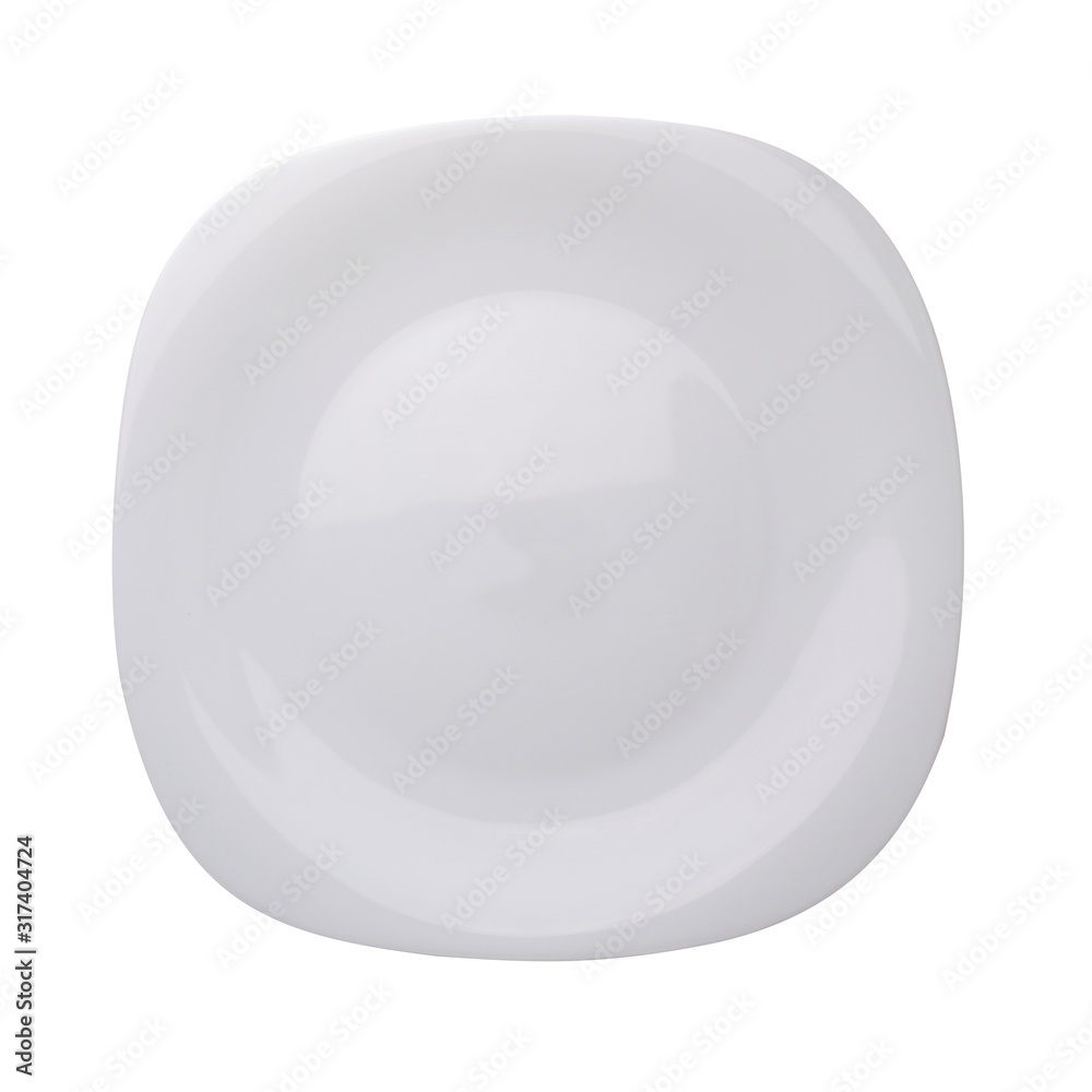 Round empty ceramic plate isolated on white. View top Round empty ceramic plate isolated on white. View top