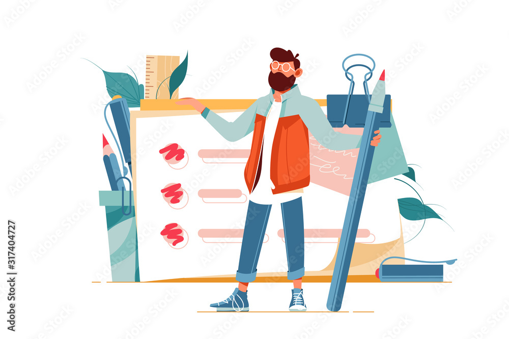Fototapeta premium Positive man holding giant pencil at big complete checklist with tick marks