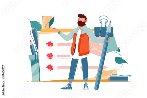 Positive man holding giant pencil at big complete checklist with tick marks