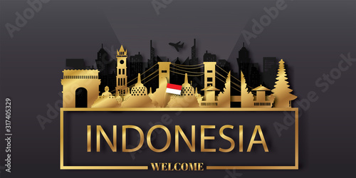 Travel Indonesia postcard, poster, tour advertising of world famous landmarks in paper cut style. Vectors illustrations